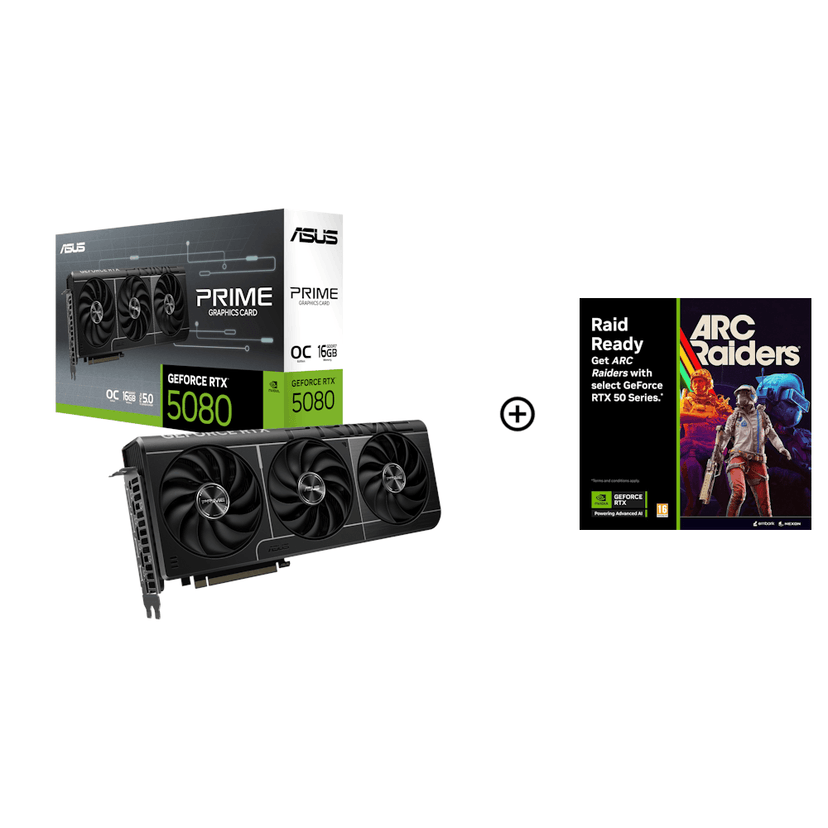 Asus GeForce RTX 5080 Prime OC 16GB GDDR7 PCI-Express Graphics Card - NVIDIA RTX 5080 graphics card from Overclockers