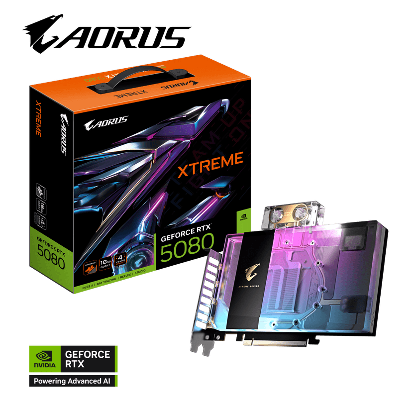 Gigabyte AORUS GeForce RTX 5080 XTREME WATERFORCE WB 16G GDDR7 Watercooled Graphics Card - GV-N5080AORUSX WB-16GD - RTX%205080 graphics card from Awd-it